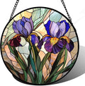 Stained Glass Window Hanging, Purple Blue Iris Birth Flower Suncatcher for Doors Garden Yard Sun Catchers Decor Christmas Mother's Day Birthday Gifts for Teacher Women Mom Nana Wife 6.3 in