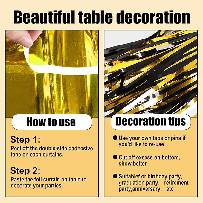 3 Pack 29 x108 Inch Black Gold Foil Fringe Table Skirts Metallic Banner for Tinsel Streamer Garland Backdrop for Parade Floats Wedding Thanksgiving Birthday Christmas New Year Party Decoration