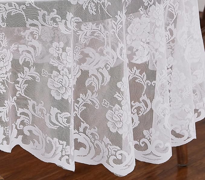 LinenZone Extra Large White Round Tablecloth for Rustic Vintage Decor. Sheer Lace Table Cloth Works Great As Wedding Tablecloth or Thanksgiving Table Cover. (Mia 132 Round, White)