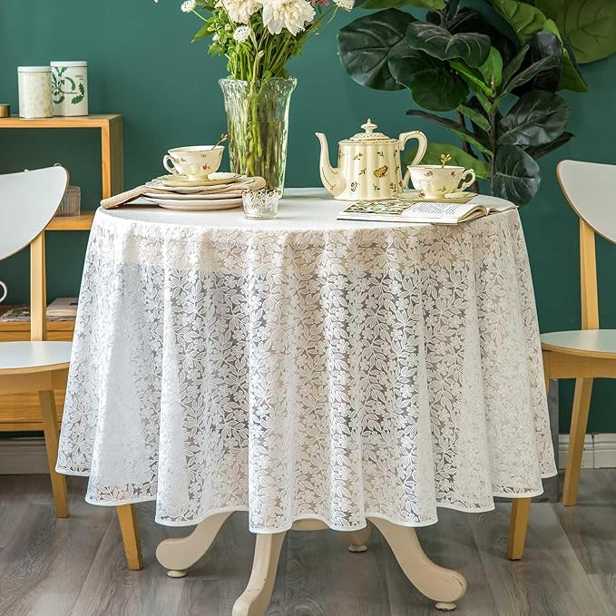 Lace Tablecloth Leaf Pattern Warp Knitting Fabric Solid White Round Table Cover for Kitchen Dining Farmhouse Wedding Party Decor Ivory, 70 Inch