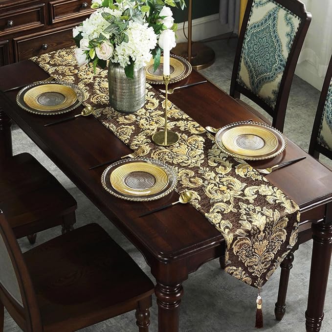 European Royal Table Runners Retro Flowers Luxury Jacquard with Tassels Dark Brown 13x60