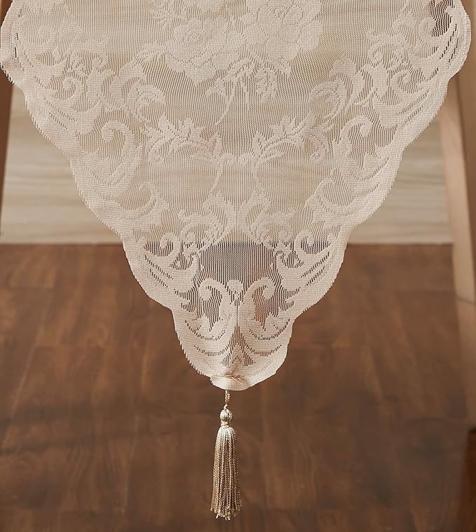LinenZone Linen Table Runner with 2 Tassels for Rustic Vintage Decor. Lace Table Runner Works Great As Wedding, Thanksgiving, Christmas Decor (Mia 14 x 36, Linen)