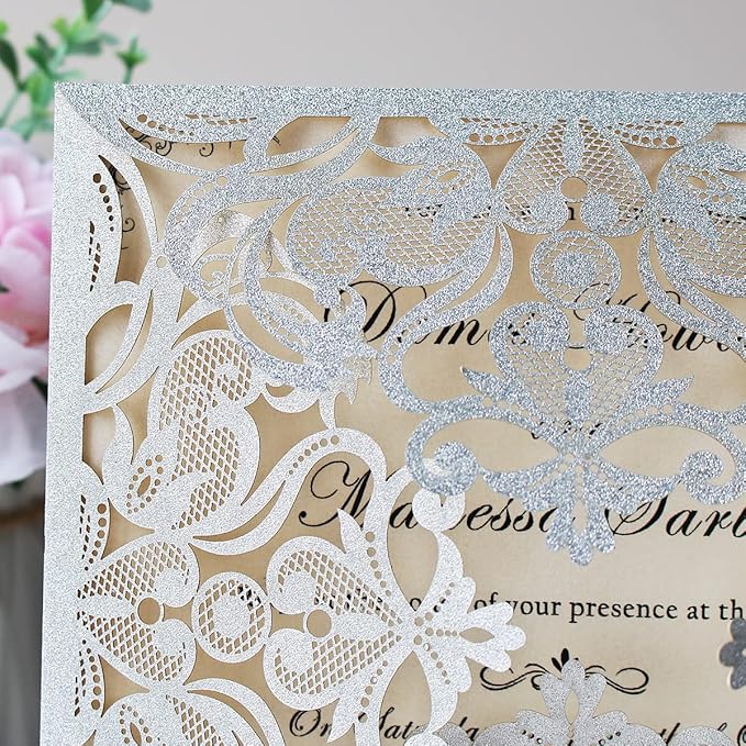 Hosmsua 6.3 x 6.3 Inch 50PCS Silver Glitter Laser Cut Hollow Lace Rose Wedding invitation Cards with Envelopes Wedding invitations for Anniversary Invite (Silver Glitter)