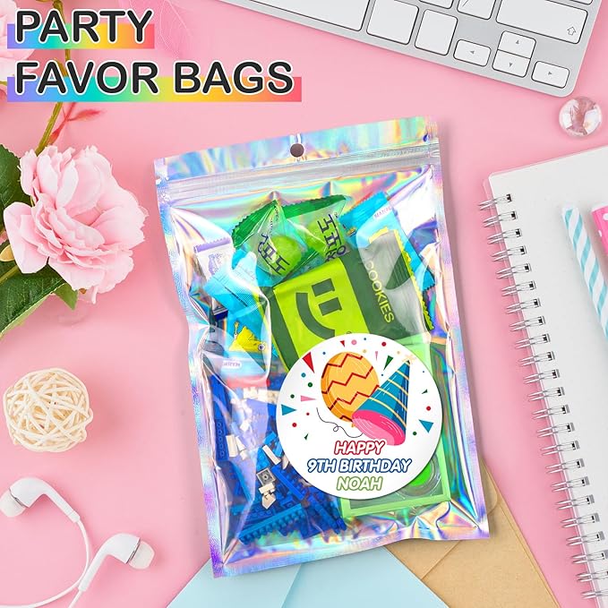 Funfery 50 Pcs Smell Proof Holographic Resealable Bags,6.3x9.4in Clear Window,Mylar Foil Baggie with Zipper,Sealing Pouch Packaging Bag for Food Storage,Candy,Party Favor Sample Business Supplies