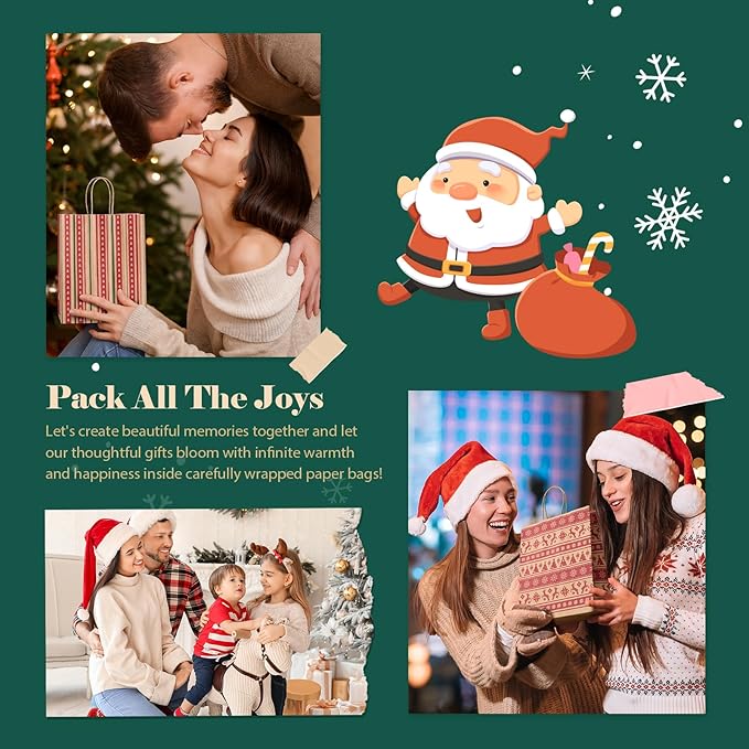MESHA Christmas Gift bags 24Pcs 8.6x7x3.3'' Kraft Paper Bags with Handles Bulk for Gifts Holiday Xmas Goodie, Party Favors, Candy, Treat