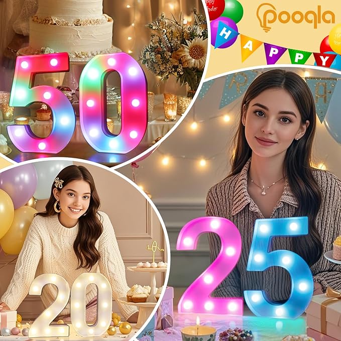 Pooqla Colorful Light Up Numbers, 35 Colors LED Marquee Number Lights for 3rd Birthday Decorations with Remote, RGB Lighted Numbers for Party, Wedding, Bar, Night Light, Home Decor, Number 3
