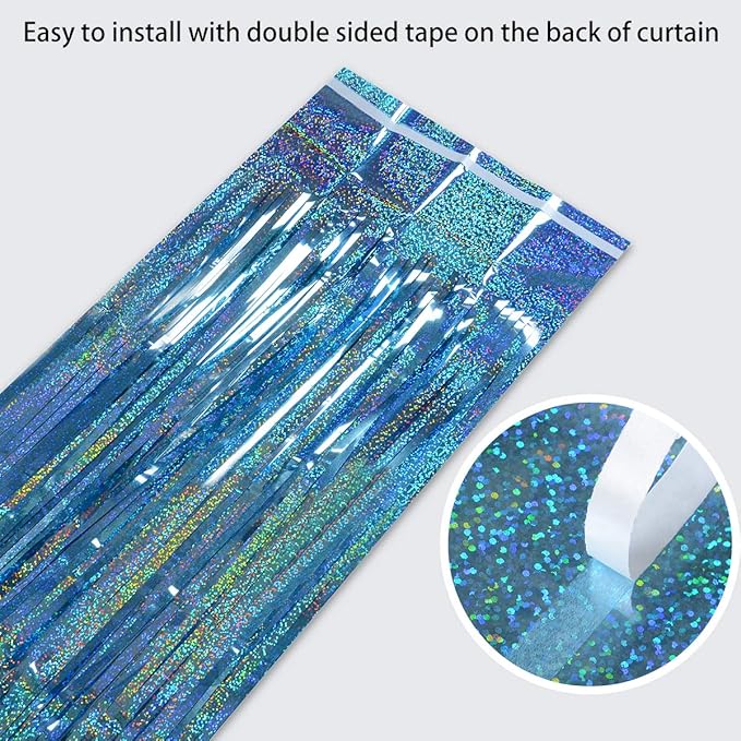 Foil Fringe Curtains Party Decorations - Melsan 3 Pack 3.2 x 8.2 ft Tinsel Curtain Party Photo Backdrop for Birthday Party Baby Shower or Graduation Decorations Light Blue