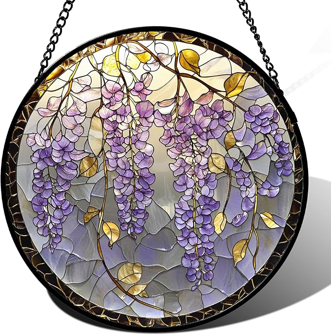 Stained Glass Window Hanging - Wisteria Flower Golden Leaves Sun Catcher for Door Home Decor Plant Suncatcher Christmas Mother's Day Birthday Gifts for Women Men Lovers Mom Nana 7.8 in