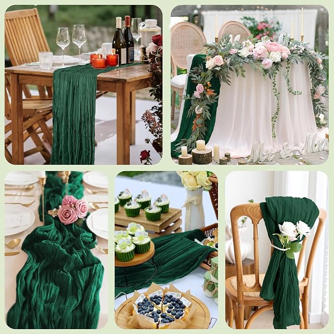 Asee'm 12PCS Table Runner Cheesecloth 10FT Emerald Green Boho Gauze Fabric Rustic Sheer Cheese Cloth Runners for Wedding Bridal Shower Party