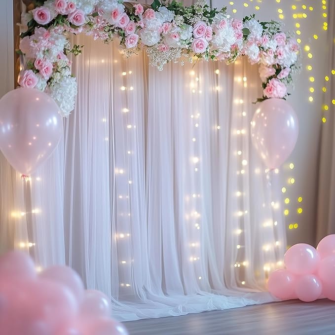 Tulle Backdrop Curtain with Lights String 20 X 8FT White Sheer Tulle Backdrop Curtains for Wedding Birthday Party Reception Photo Booth Background Decorations (4 Panels 5x8FT)