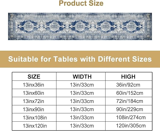 Vintage Boho Floral Table Runner, Rustic Country Farmhouse Blue Teal Retro Flower Pattern for Home Kitchen Table Decor Dining Coffee Room Party Decor 13x36in