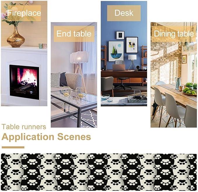 Dog Paw Table Runner,Kid Cute Animal Footprint Black White Theme Design Print Tablecloth Burlap for Hotel Indoors Outdoor Dining Room Kitchen Home Decor,W13X L90 in