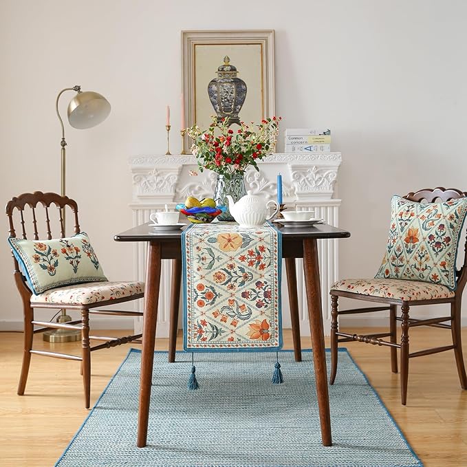 ISAENNE Designer Bohemian Elegant Linen Table Runner 102 Inches Long,Colorful Flower Pattern Table Runners for Dining Tables,Thanksgiving,Kitchen Tables,Christmas,12"*102"-Floralsea A