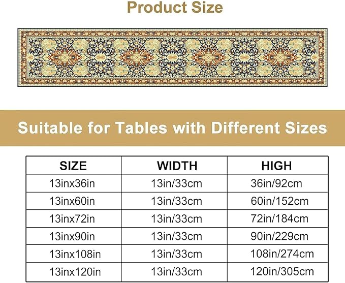 Vintage Boho Floral Table Runner, Elegant Luxurious Rustic Country Farmhouse Navy Blue Gold Retro Flower Pattern for Home Kitchen Table Decor Dining Coffee Room Party Decor 13x108in