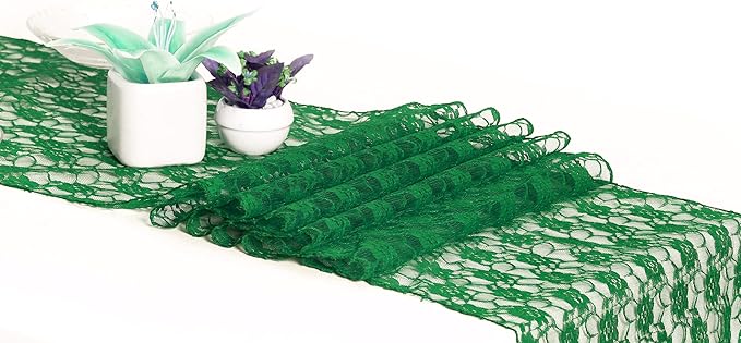 MDS Pack of 10 Wedding 12 x 108 inches Lace Table Runner for Wedding, Decorations for Birthday Parties, Banquets, Graduations, Engagements, and Runners fit Rectangle, Round Table- Hunter Green