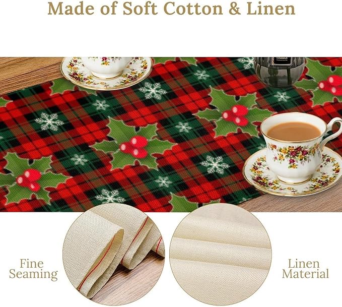Christmas Table Runner, Red Check Plaid Winter Xmas Holiday Table Cloth Kitchen Dining Table Decoration for Home Party Decor 13x108 Inch