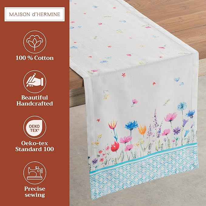 Maison d' Hermine Table Runner 100% Cotton Double Layer Table Runners 108 inches Long Decorative for Home Kitchen Dining Party Wedding Bridal Shower Spring Summer (Flower in The Field, 14.50" x 108")