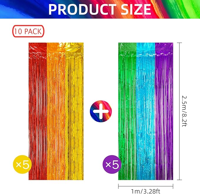 10 Pack Rainbow Backdrop Curtain 3.2ft x 8.2ft Metallic Tinsel Foil Fringe Curtains Photo Booth Background for Birthday Party Decoration Baby Shower Engagement Wedding Christmas Decoration (Rainbow)