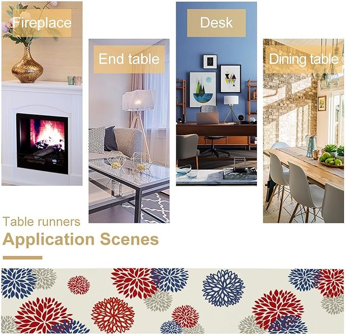 4th of July Table Runner, Blue Red Dahlia Flower American Patriotic Memorial Day Table Runner for Farmhouse Kitchen Dining Table Party Decor, 13x108inch
