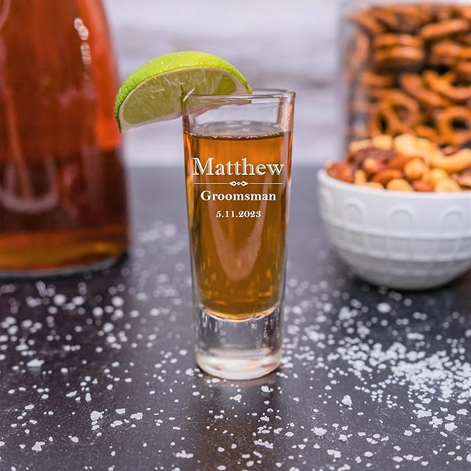 Custom Engraved Shot Glass – 2oz Tall Clear Glass – Personalized Gift for Wedding Party – Classic Etched Barware Keepsake for Groomsmen, Bridesmaids, and More (6)