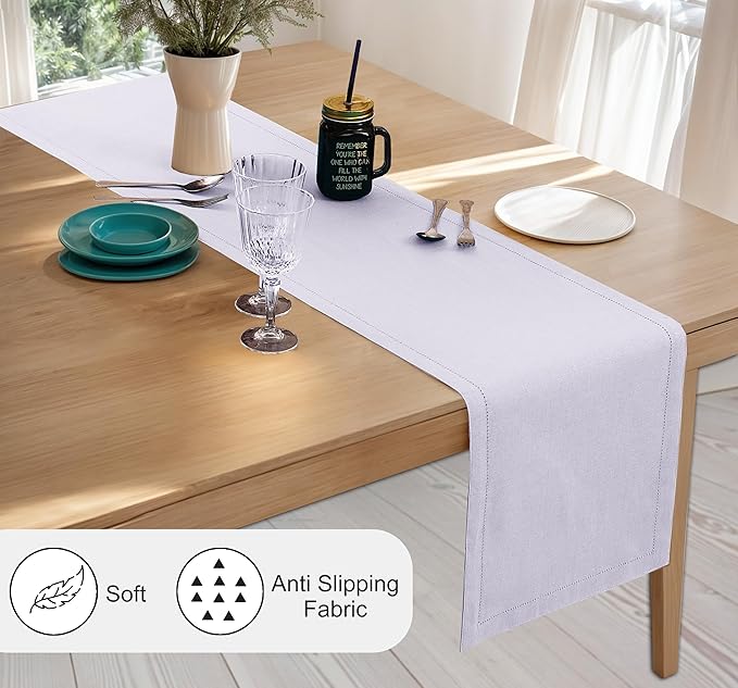 Ruvanti Linen Table Runner 120 Inches, Classic Hemstitch, Washable, Reusable, Non-Slipping, Stain Resistant- Perfect for Parties, Weddings, dinners, Thanksgiving, Christmas, Indoor use – Lavender Grey
