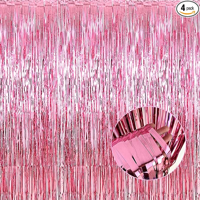 4 Pack Pink Foil Fringe Curtain Backdrop, 3.28Ft x 8.2Ft Metallic Tinsel Foil Fringe Streamer Curtains for Photo Booth Props, Birthday, Wedding, Valentine's Day Decoration Party Supplies New
