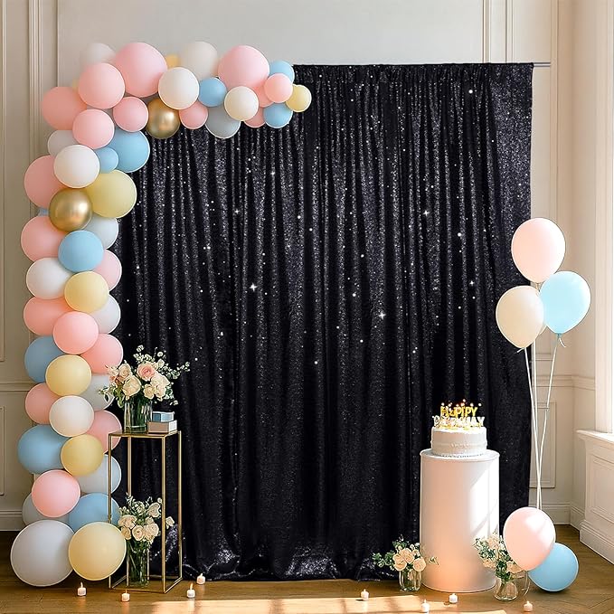 SquarePie Sequin Backdrop Less Transparent Background Sparkly Curtain for Wedding Halloween Party 8FT x 8FT Black