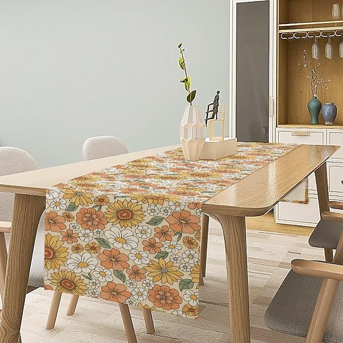 Vintage Floral Table Runner,Boho 70s Style Retro Daisies Flower Table Runner for Kitchen Dining Table Home Party Decoration 13x108 Inch