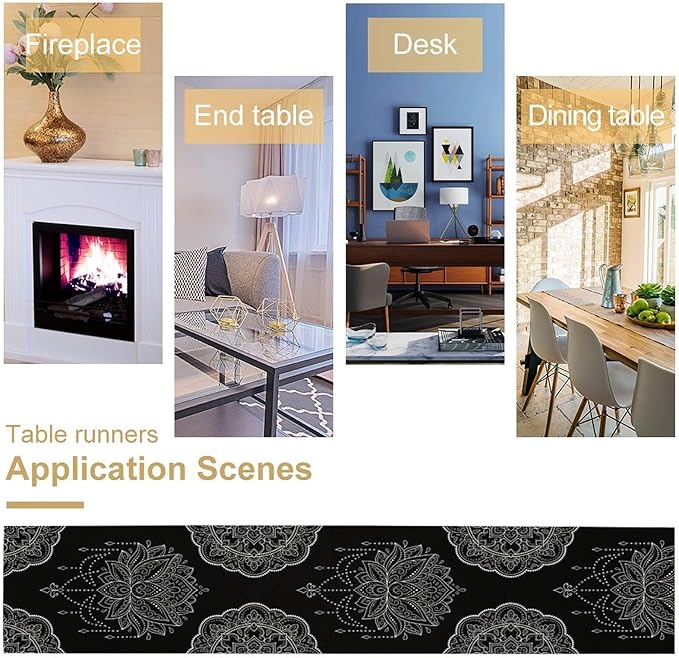 Lotus Flower Table Runner, Bohemian Ethnic Oriental Mandala Black White Floral Print Table Runner for Home Kitchen Dining Indoor Outdoor Dinner Party Decor, 13x70inch