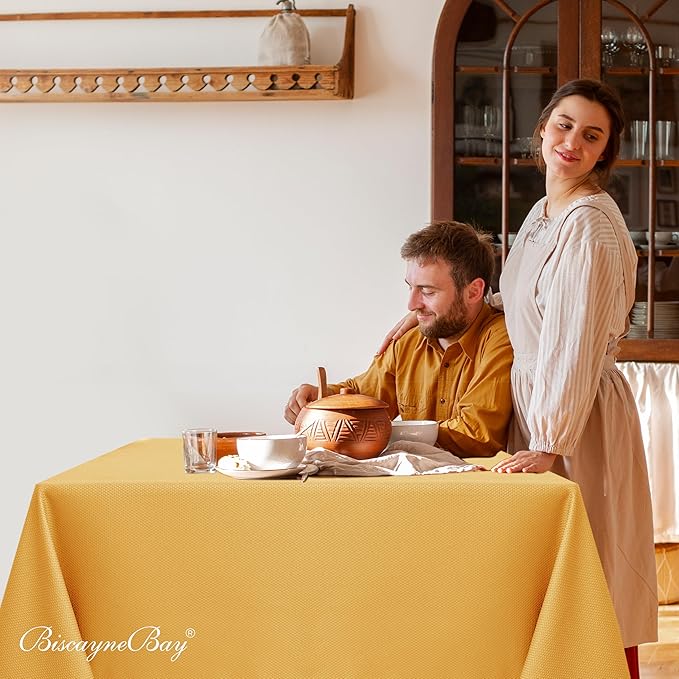Biscaynebay Fall Tablecloth Textured Fabric Square Tablecloths 54x54'', Fall Gold Thanksgiving Autumn Harvest Water Resistant Fabric Tablecloths for Kitchen, Dining, Wedding, Parties Machine Washable