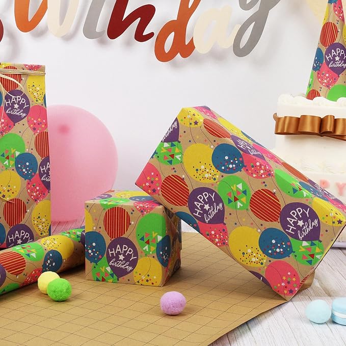 LaRibbons Birthday Wrapping Paper Roll for Kids, 30 Inch x 33 Feet (83 sq. ft. ttl.) Kraft Gift Wrap Paper with Colorful Balloon Pattern for Baby Shower Holiday Party