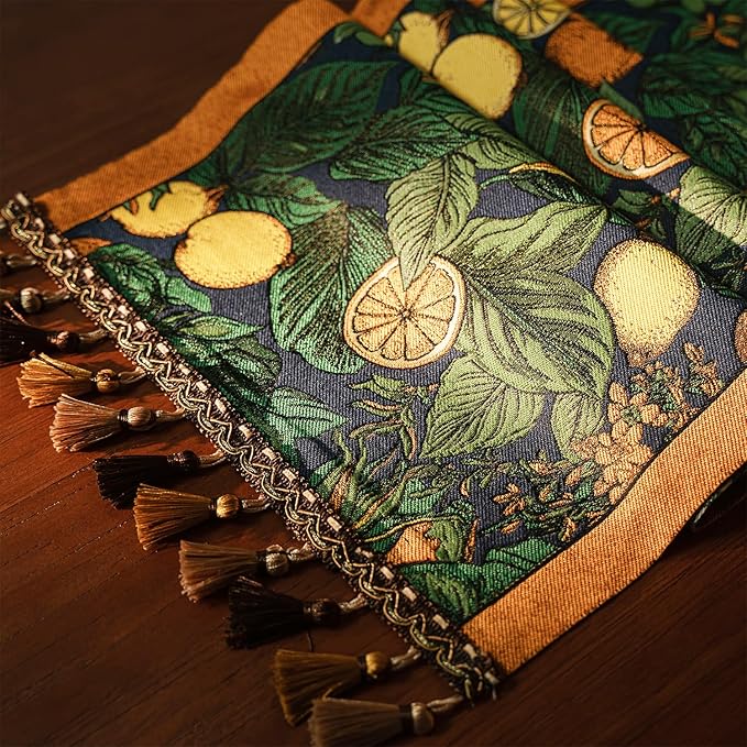 13×72 Inch Table Runner, Retro-Luxury Tassels Series for Kitchen Dining Table Holiday Decoration (Lemon Garden)