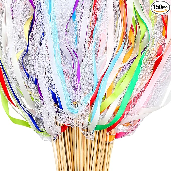 Taiyin 150 Pcs Lace Ribbon Stick Wands Wedding Wand Streamers with Bell Silk Ribbon Fairy Wand Wedding Send Off Streamer for Baby Shower Holiday Party Favors (Colorful)