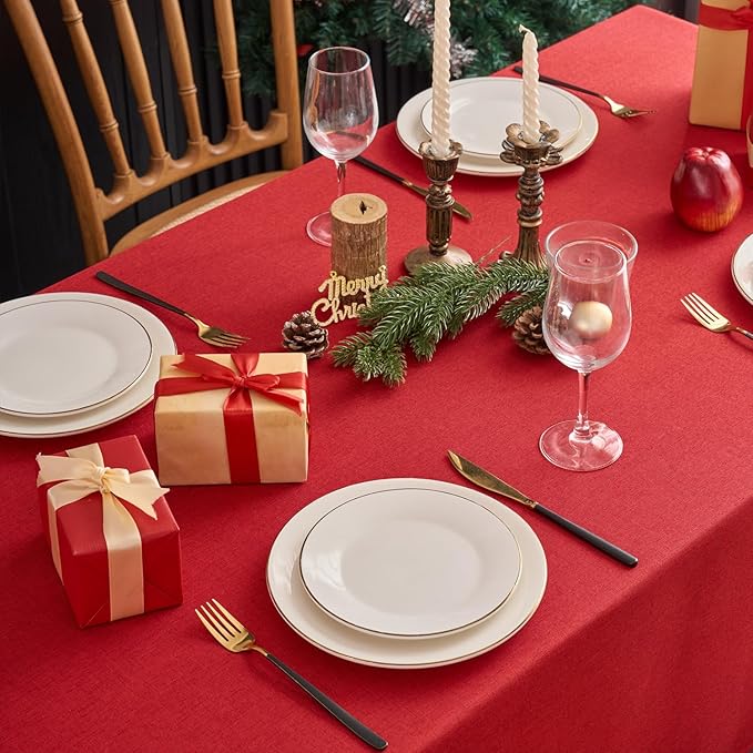 NLMUVW Red Linen Tablecloth Rectangle, Christmas Table Cloth Water Resistant Textured Table Cover for Kitchen Dining Coffee Party, 54 x 120 Inch