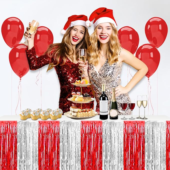 3 Pack 29x108 Inch Red Silver Foil Fringe Table Skirts Metallic Banner for Tinsel Streamer Garland Backdrop for Parade Floats Wedding Thanksgiving Birthday Christmas Halloween Party Decoration