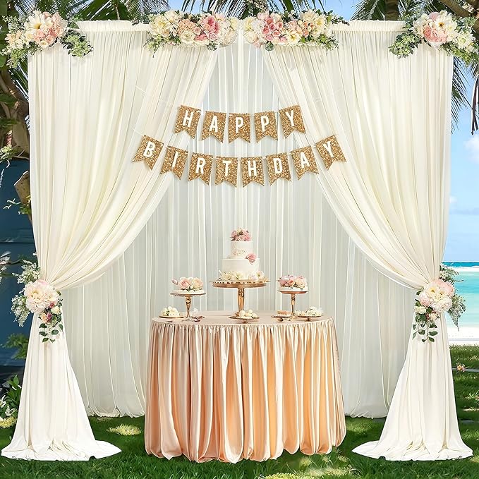 10ft x 10ft Ivory Backdrop Curtain Drapes, Wrinkle-Free Sheer Chiffon Fabric Photo Background Panels for Wedding Arch Party Ceremony Stage Photography Decorations