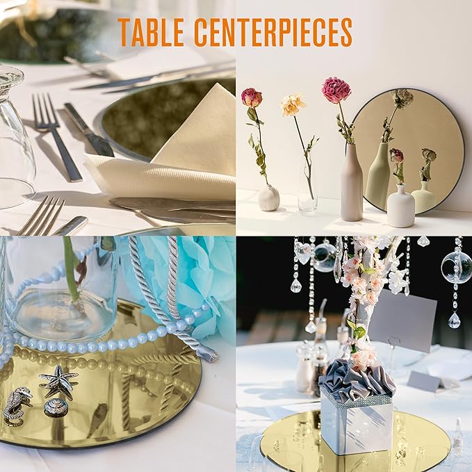 Houseables Gold Mirror Centerpieces For Tables, Round Mirrors For Centerpieces, Mirrored Trays, Round Table Plate Tray, Circle, Glass Charger, Wedding, Center Piece, Small, Base, Candle, 12 Inch, 12PK