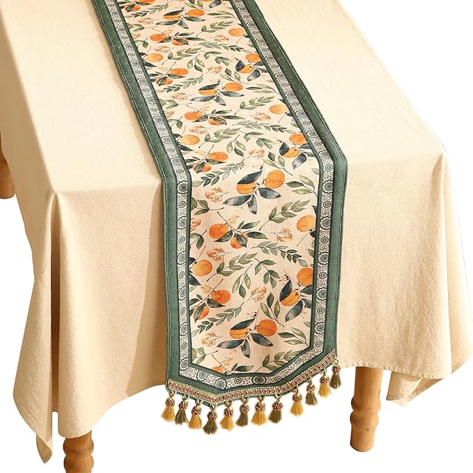 patdrea Designer Vintage Fresh Farmhouse Linen Table Runner 102 Inch Long, Green and Orange Pattern Table Mat, Decor for Kitchen Dining Table Coffee Table Shelf Cabinet Banquet Christmas ,12"*102"