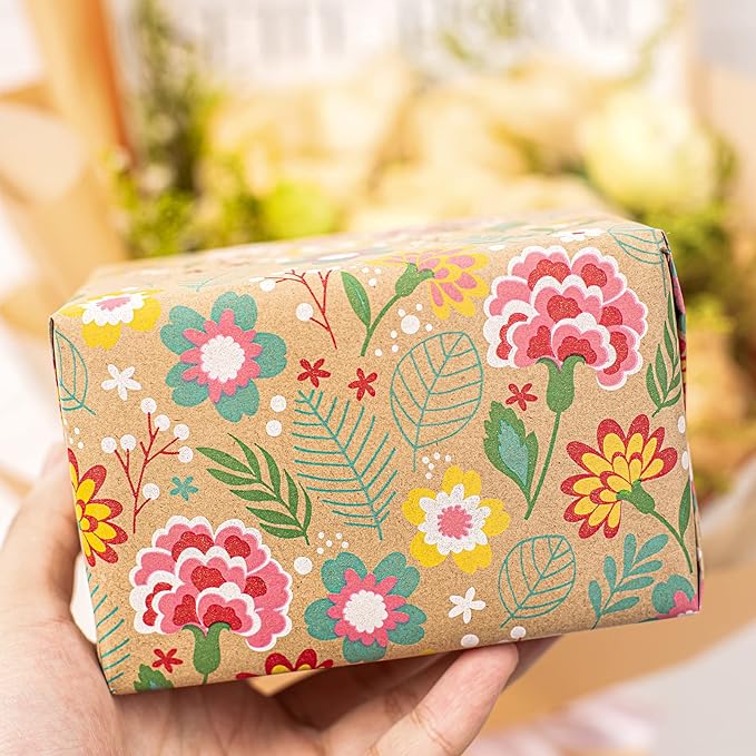RUSPEPA Kraft Wrapping Paper Roll - Mini Roll - Carnation Design Great for Mother's day, Birthday, Party, Anniversary - 17 Inches X 32.8 Feet