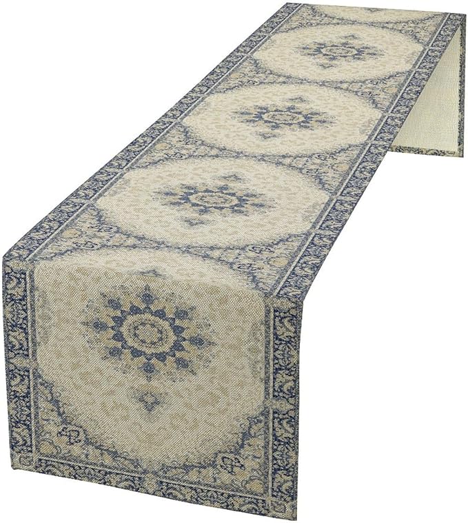 Boho Bohemia Style Table Runner, Vintage Blue Gold Retro Flower Rustic Country Style Floral Print Pattern for Home Kitchen Table Decor Dining Coffee Room Garden Party Decor 13x72in