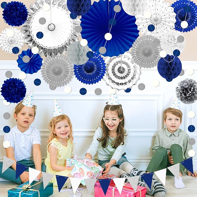 Blue and Sliver Party Decorations, 23Pcs Blue Birthday Decorations with Hanging Paper Fans, Pom Poms Flowers Packs for Graduation Party,Boy Birthday, Baby Shower