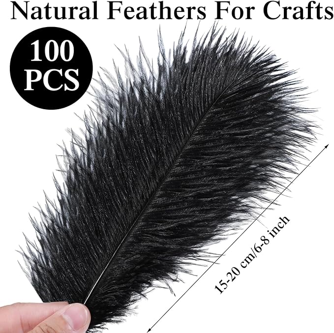 Crowye 100 Pcs Ostrich Feathers Bulk for Centerpieces Craft Ostrich Feathers for Vase Wedding Masquerade Party Home Costume Decorations (6-8 Inch,Black)