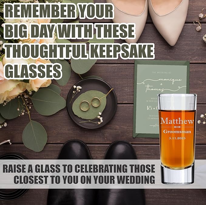 Custom Engraved Shot Glass – 2oz Tall Clear Glass – Personalized Gift for Wedding Party – Classic Etched Barware Keepsake for Groomsmen, Bridesmaids, and More (4)