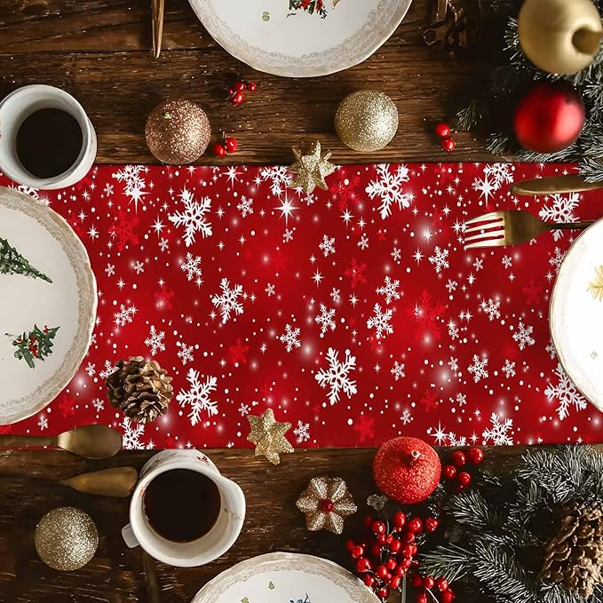 Christmas Snowflakes Cotton Linen Table Runner for Dining Kitchen, Red Xmas Winter Snow Wedding Outdoor Party Tablerunners Decoration, New Year Dresser Scarf Coffee Tablecloth Runners 13x72 Inches