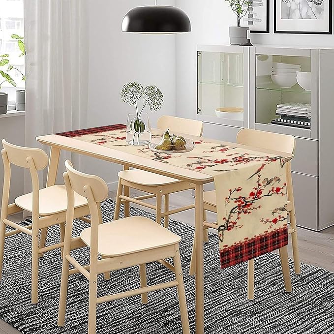 Bird Table Runner,Red Black Buffalo Plaid Blossom Seasonal Table Runner for Kitchen Dining Table Decoration Home Party Decor 13x120 Inch