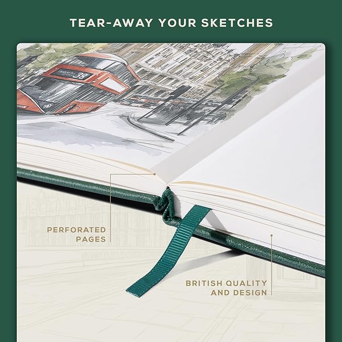Beechmore Books A4 Sketchbook – 8.5x11 Premium Vegan Leather Bound Large Sketch Book Hardcover with 156 Thick 160gsm Perforated Ivory Pages, Blank Sketch Pad, Gift Boxed, Back Pocket, Ribbon Bookmark