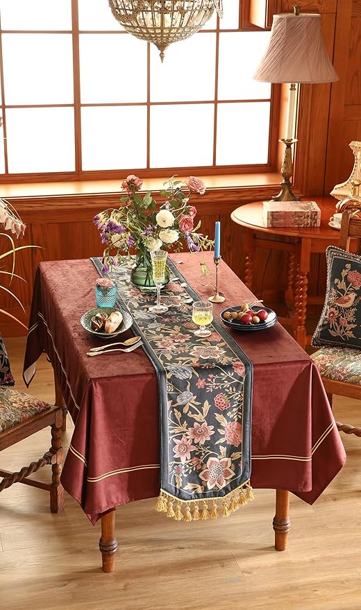patdrea Designer Vintage Black Floral Velvet Table Runner 102 Inch Long, Pink Khaki Bouquets Pattern Table Mat, Decoration for Kitchen Dining Coffee Table Cabinet Banquet Thanksgiving,12"*102"