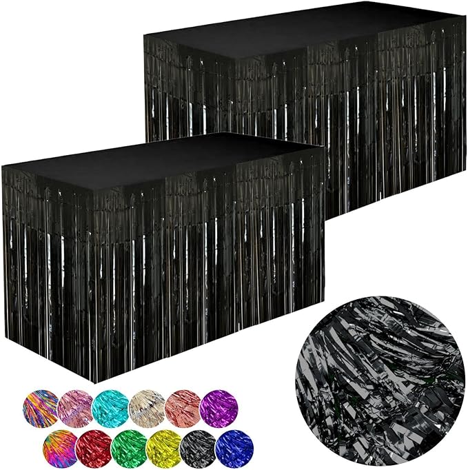 Black Streamers Party Decorations, 2 Packs Black Table Skirts Metallic Foil Fringe Tinsel for Graduation Birthday Wednesday Twilight Wizard Float Parade Halloween Party Supplies - 29x108 Inch