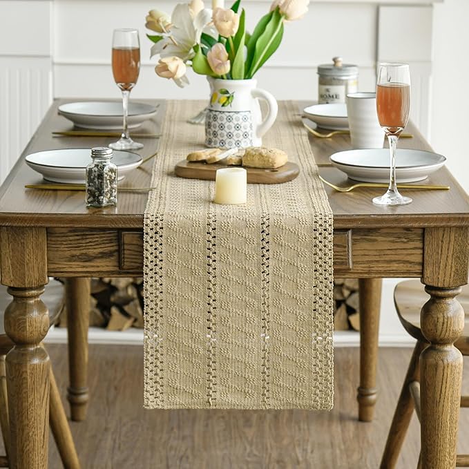 Artoid Mode Burlap Brown Farmhouse Woven Rustic Hollow Table Runner, Seasonal Holiday Kitchen Dining Table Decoration for Home Party Decor 12x36 Inch