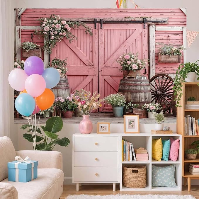 6x4ft Country Wedding Pink Photography Backdrop Rustic Wooden Barn Door Photography Backdrop Farmhouse Flower Western Girl Birthday Baby Shower Wedding Bridal Party Banner Photo Booth Props Background